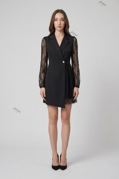 Black Structured Crepe Blazer Dress with Floral Lace Sleeves black structured woven crepe blazer dress - product view 1