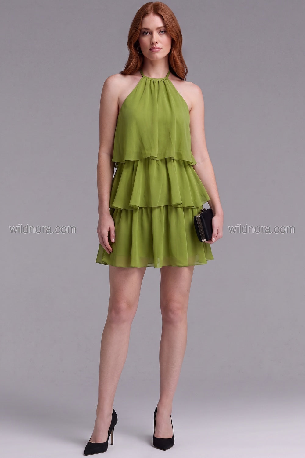 Olive Green Chiffon A-line Tiered Mini Dress olive green chiffon dress - product view 1