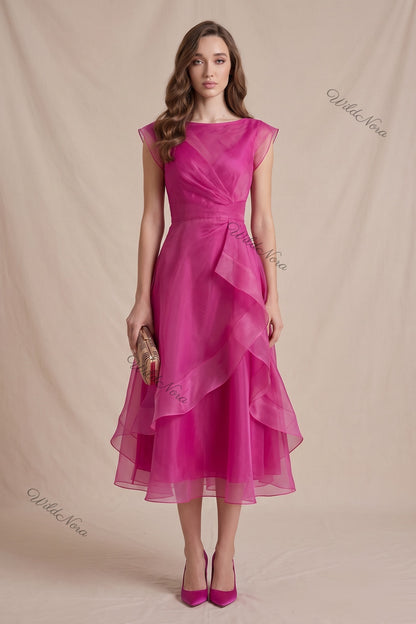 Magenta Organza A-Line Fit-and-Flare Midi Dress magenta organza dress - product view 1