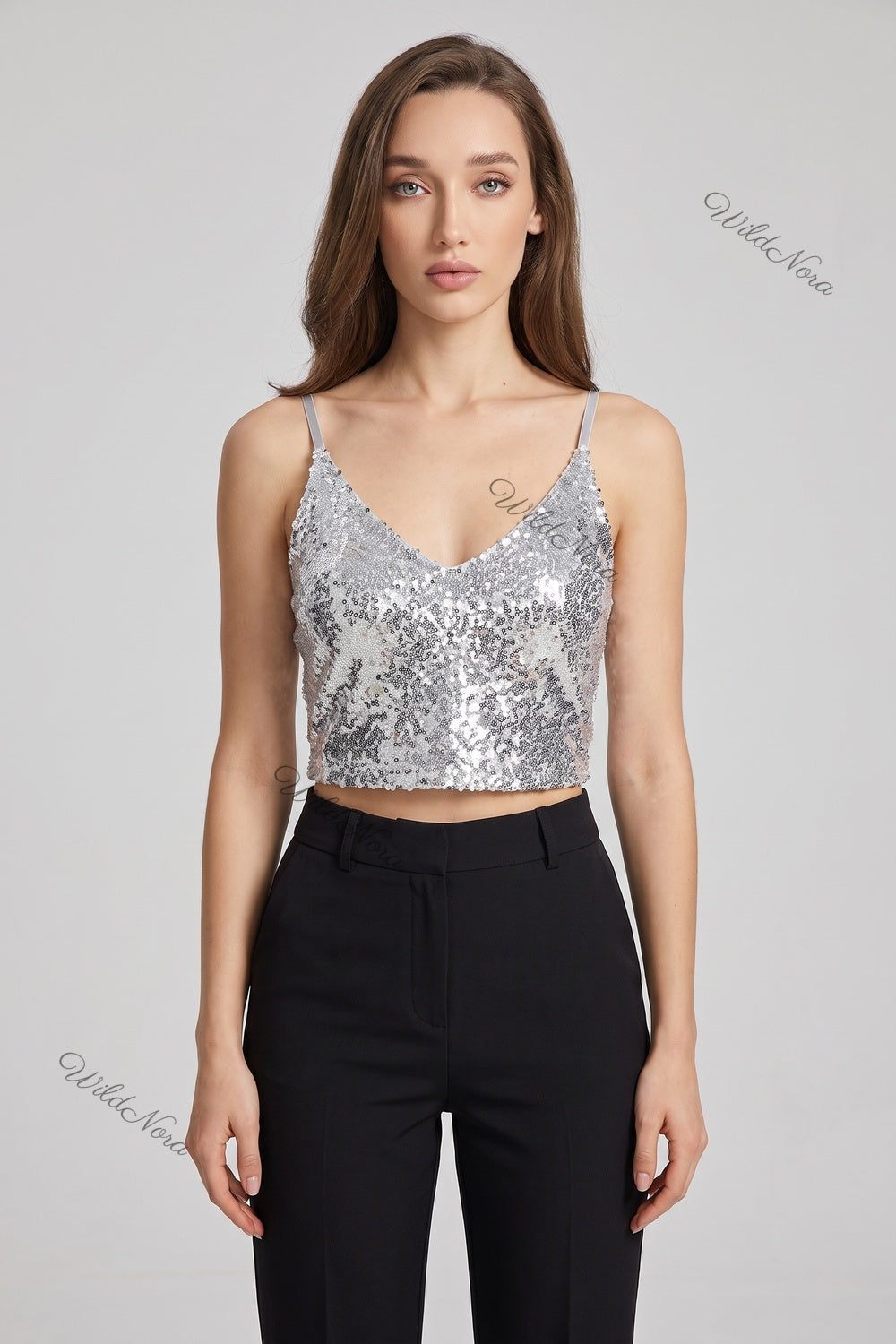 Silver Sequined Mesh Camisole Crop Top silver sequined mesh crop top - product view 1
