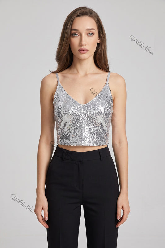 Silver Sequined Mesh Camisole Crop Top silver sequined mesh crop top - product view 1