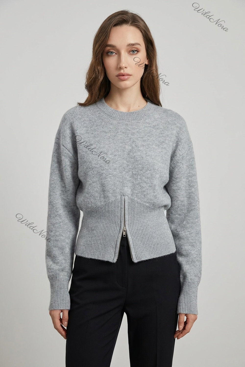 Heather Grey Knit Wool Blend Relaxed Sweater with Fitted Waist heather grey knit wool blend sweater - product view 1