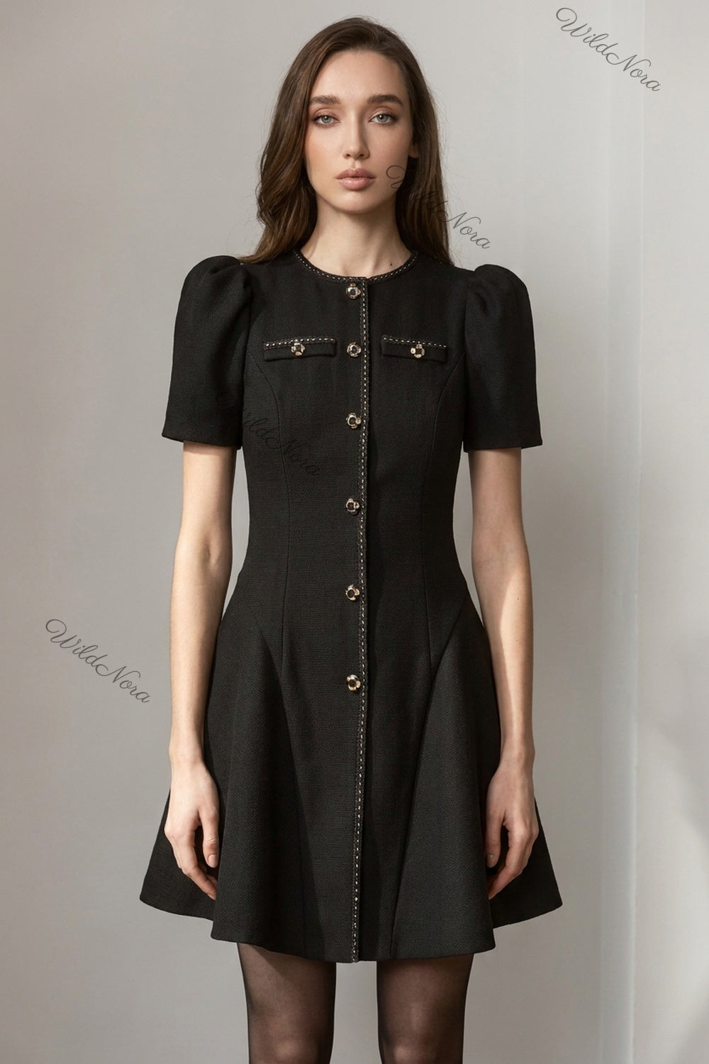 Black Textured Woven Crepe Fit-and-Flare Mini Dress black textured woven crepe dress - product view 1