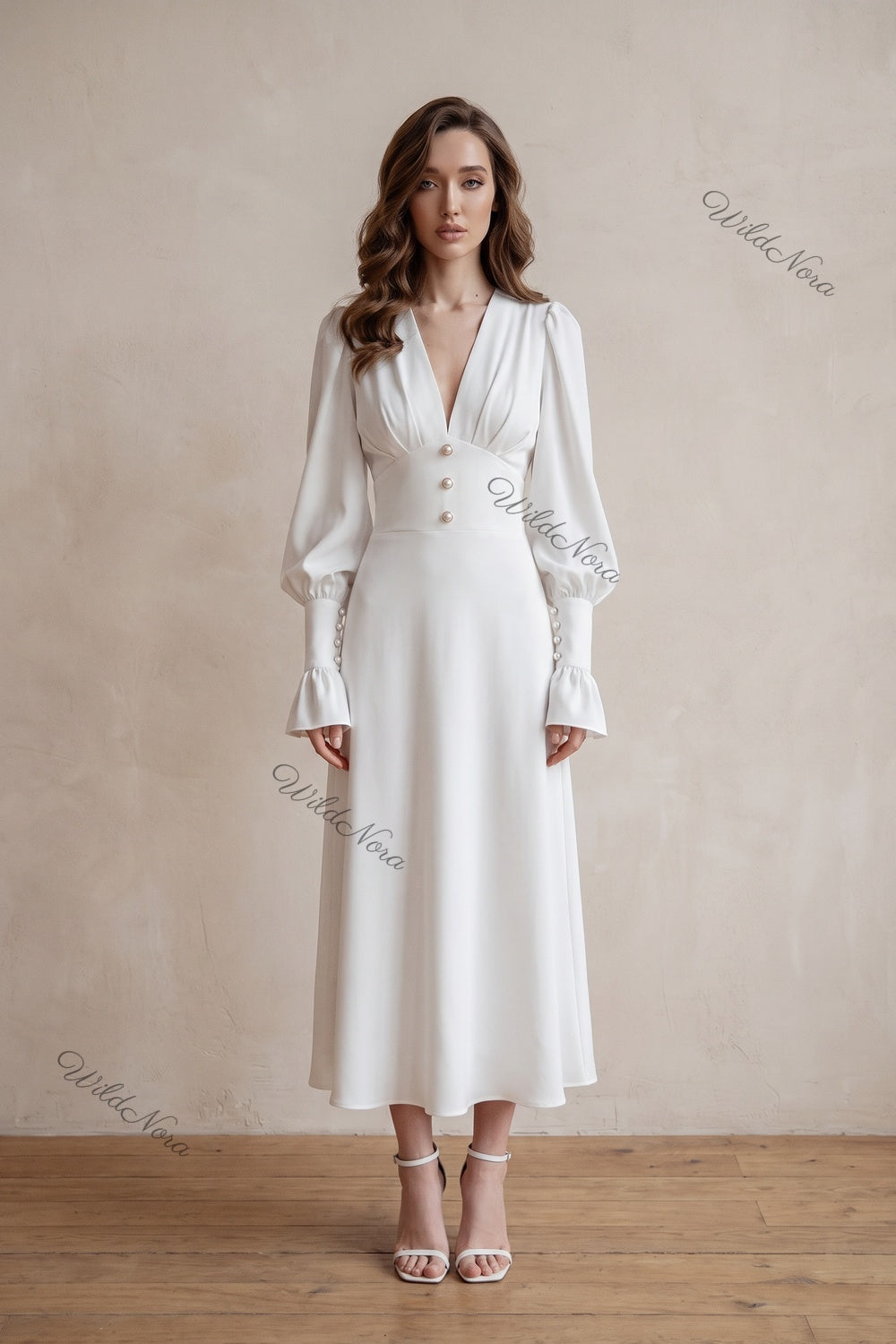 White Crepe A-Line Midi Dress with Pearl Button Details white crepe dress - product view 1