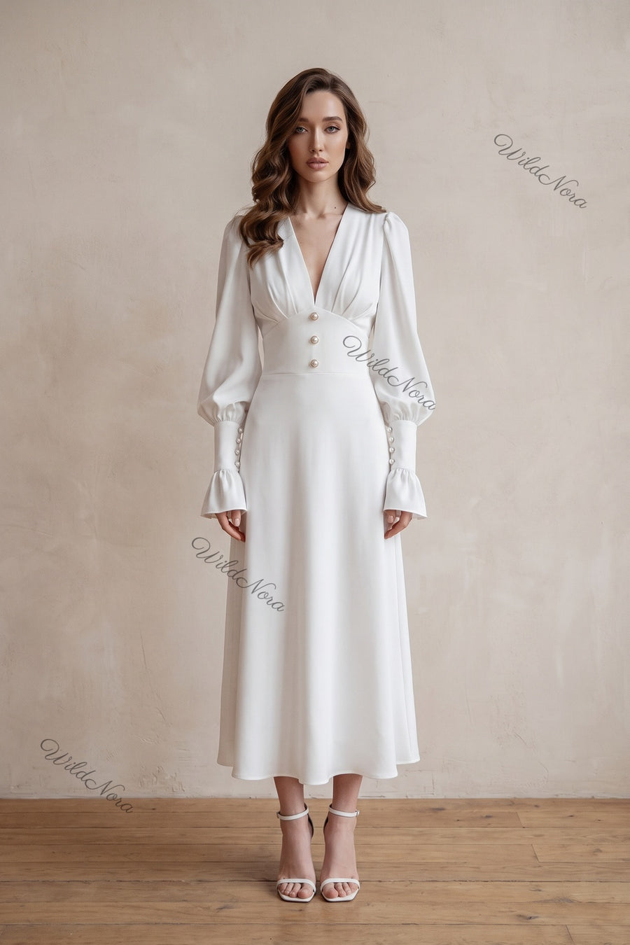 White Crepe A-Line Midi Dress with Pearl Button Details white crepe dress - product view 1