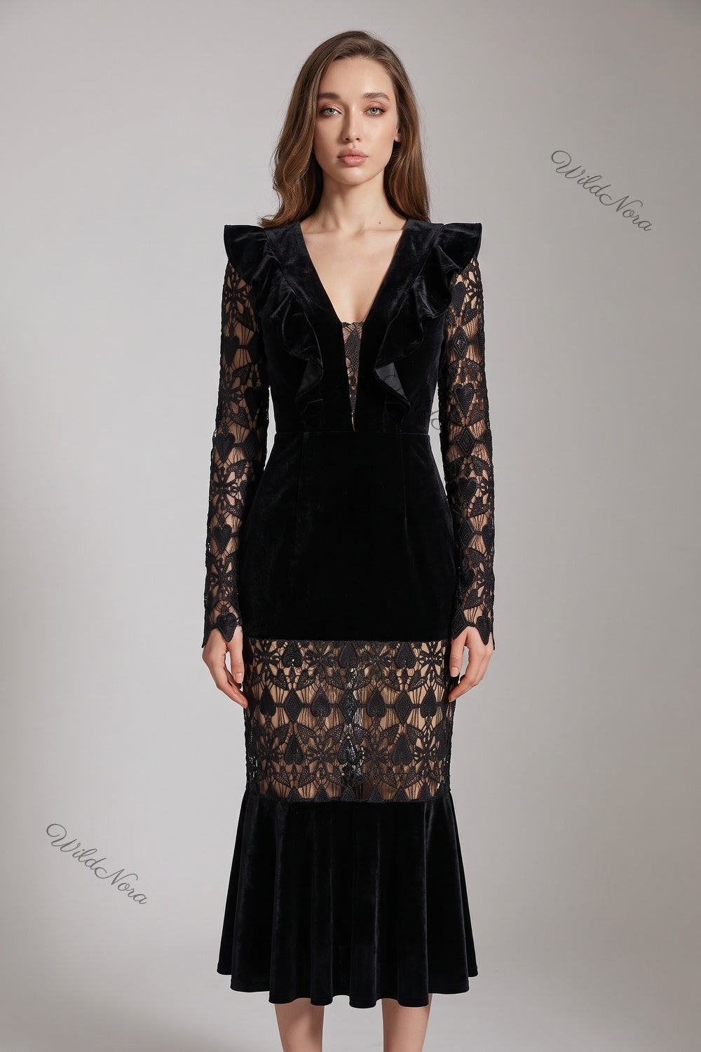 Black Velvet Mermaid Dress with Sheer Lace Sleeves black black velvet dress - product view 1