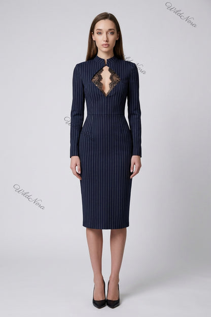 Navy Blue Pinstripe Sheath Dress With Lace Keyhole Cutout navy blue structured woven suiting dress - product view 1