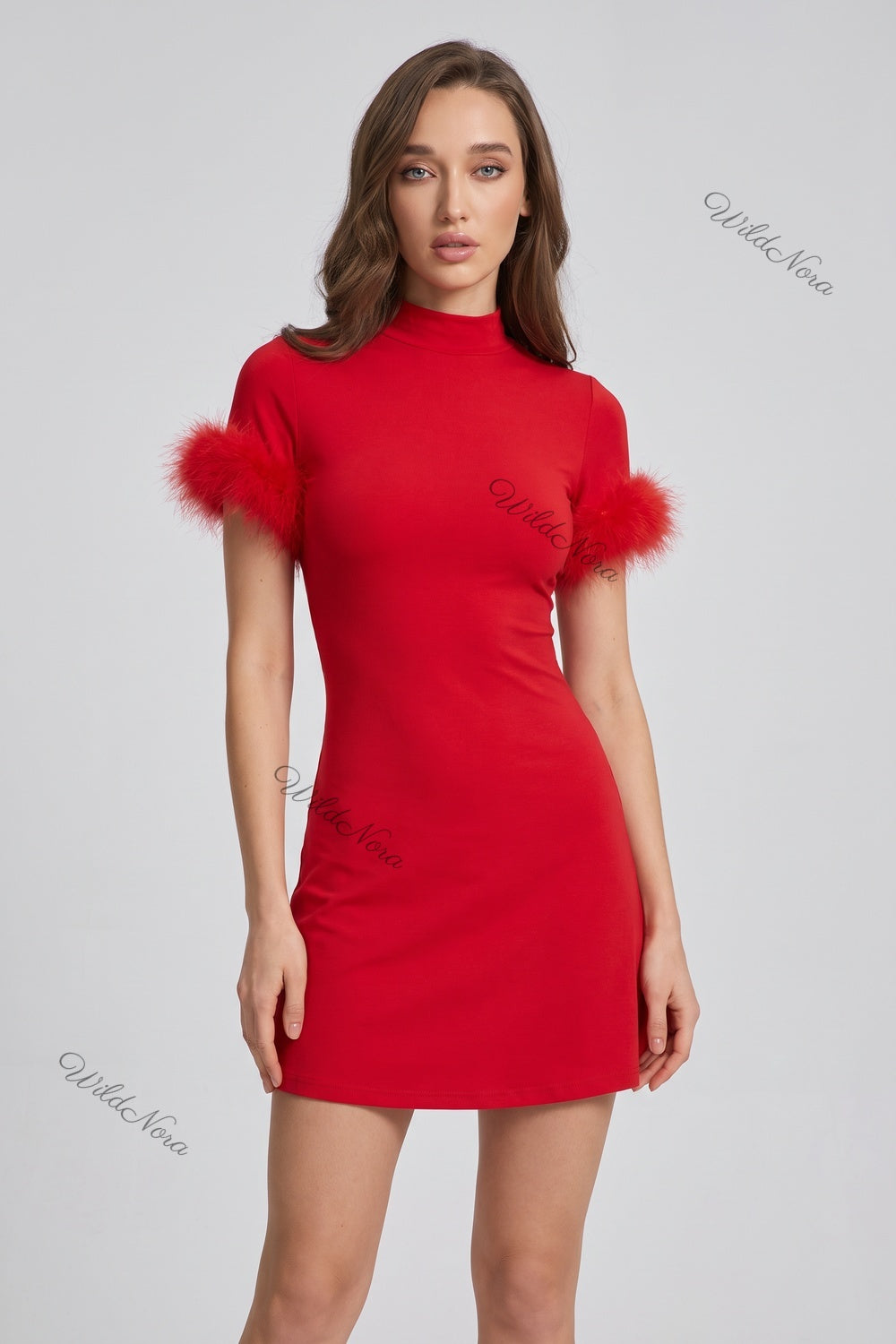 Red Stretch Knit Jersey Bodycon Mini Dress with Feather Trim red stretch knit jersey dress - product view 1