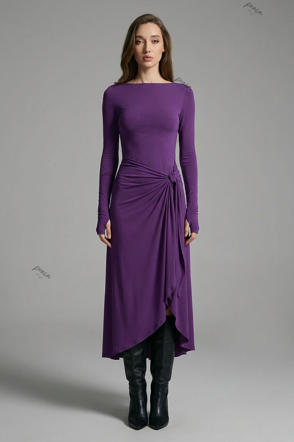 Purple Stretch Jersey Slim-Fit Bodice with Draped Asymmetrical Wrap-Style Skirt Maxi Dress purple stretch jersey maxi dress - product view 1