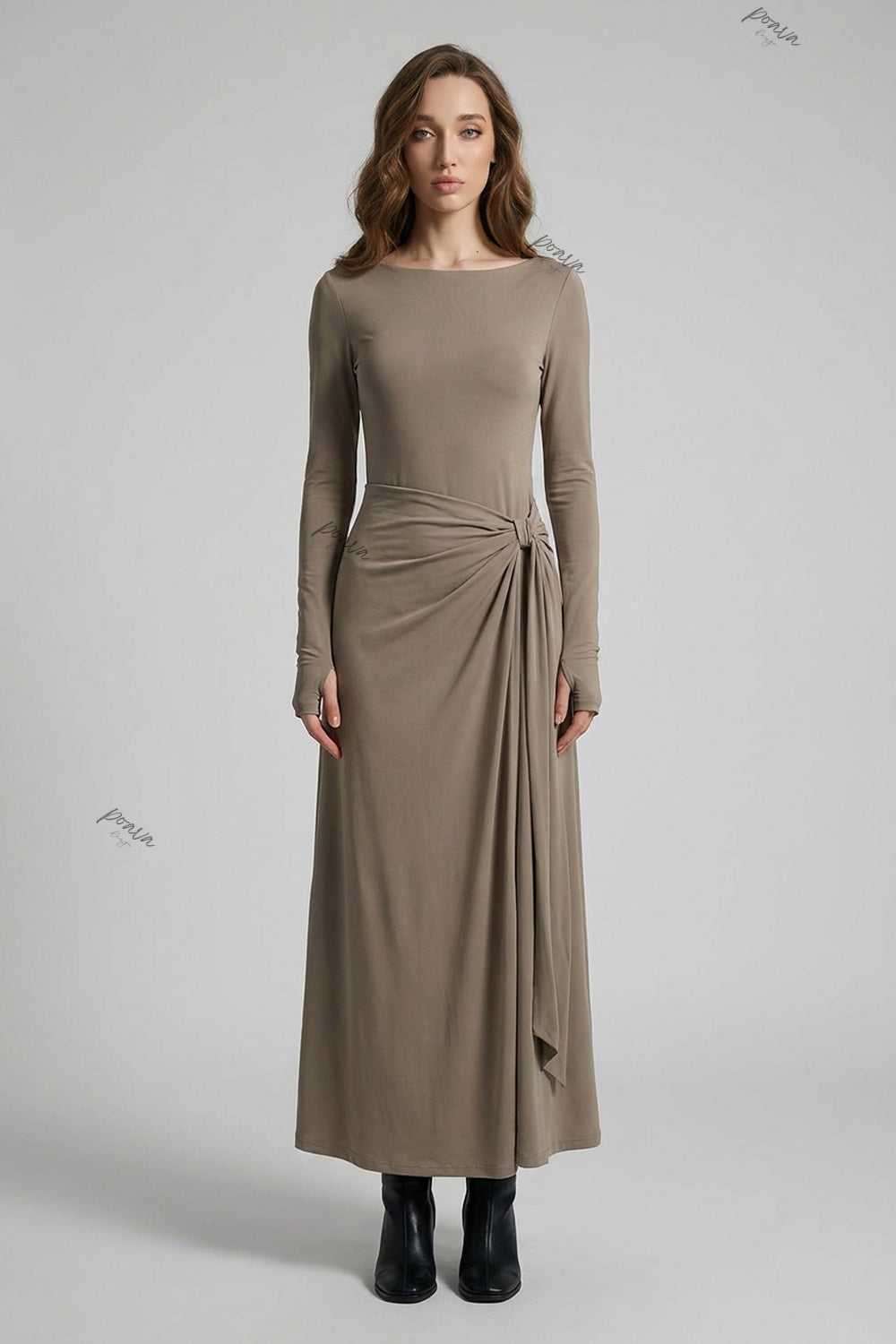 Taupe Stretch Jersey Knit Slim-Fit Bodice with Draped Skirt Maxi Dress taupe, milk tea brown stretch jersey knit maxi dress - product view 1