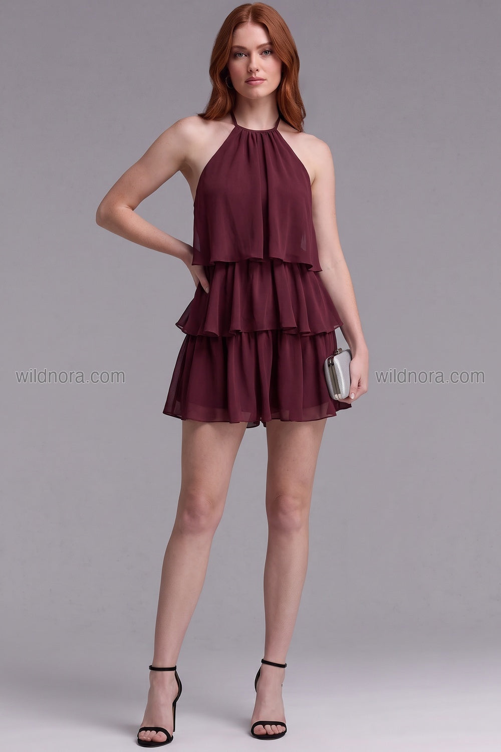 Burgundy Chiffon Tiered Ruffle Halter Romper burgundy chiffon tiered romper - product view 1