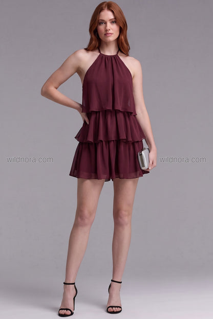 Burgundy Chiffon Tiered Ruffle Halter Romper burgundy chiffon tiered romper - product view 1