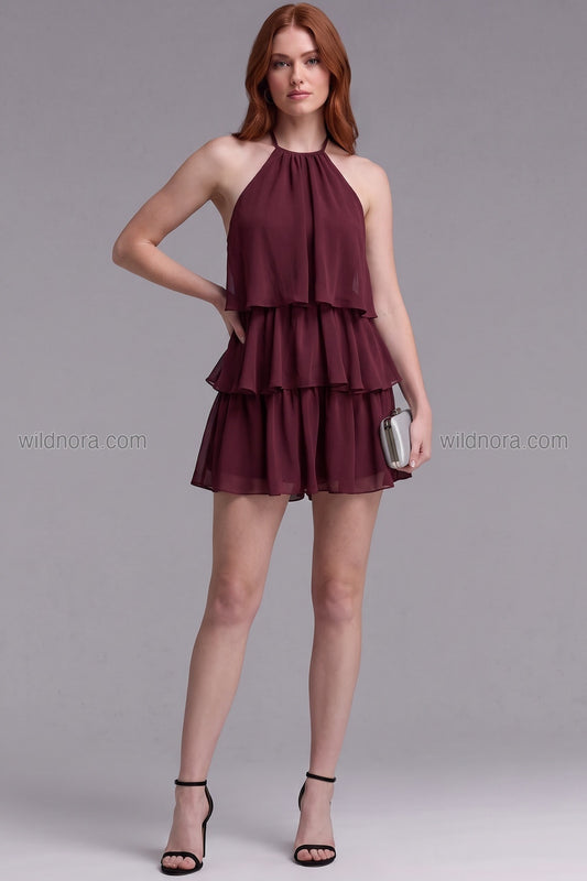 Burgundy Chiffon Tiered Ruffle Halter Romper burgundy chiffon tiered romper - product view 1