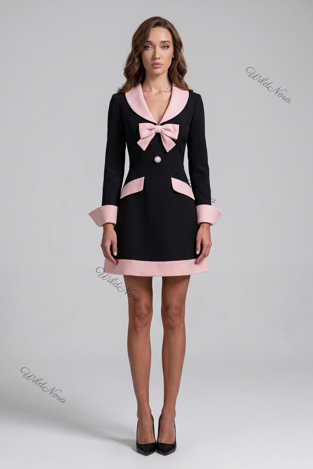 Black and Pale Pink Structured Crepe A-Line Mini Dress black structured heavy crepe dress - product view 1