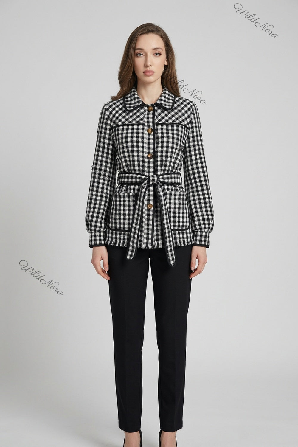 Black & White Gingham Belted Jacket black, white woven wool-blend or flannel belted jacket - product view 1