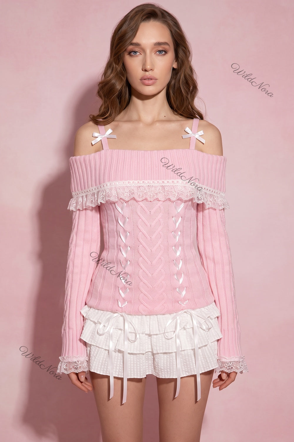 Pastel Pink Ribbed Knit Off-The-Shoulder Top with Corset Lacing pastel pink ribbed knit off-the-shoulder knit top - product view 1