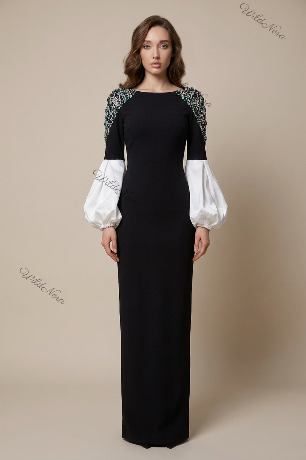 Black Column Evening Gown with Crystal Shoulders & White Puff Sleeves black heavy matte crepe evening gown - product view 1