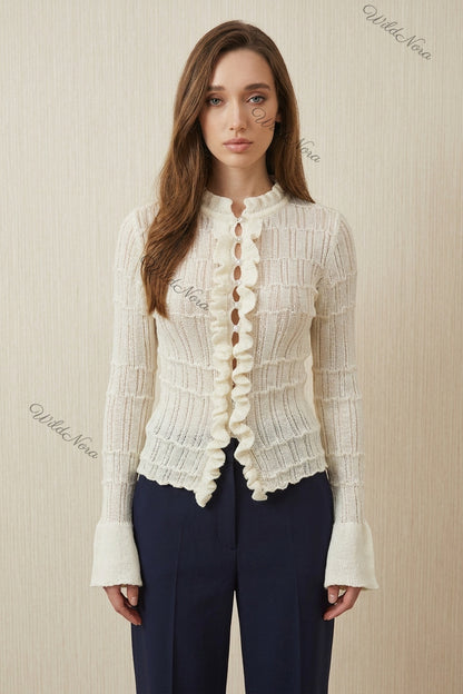cream textured open-knit fitted cardigan cream textured open-knit cardigan - product view 1