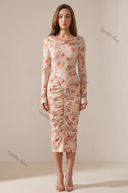 Pale Pink Floral Bodycon Sheath Dress pale pink, beige stretch jersey knit dress - product view 1