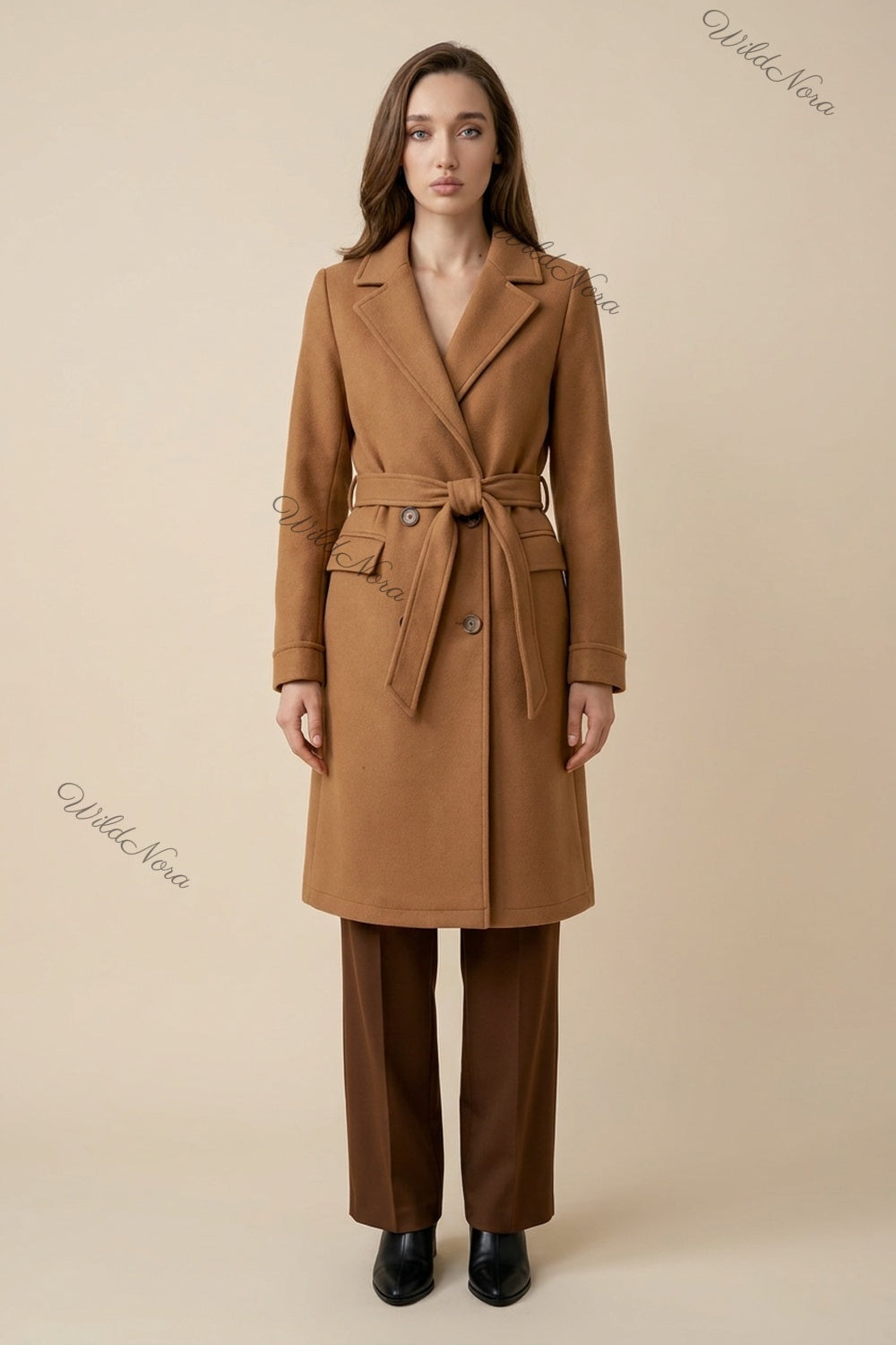 Camel Wool-Blend Felt Tailored A-Line Coat camel, tan wool-blend felt coat - product view 1