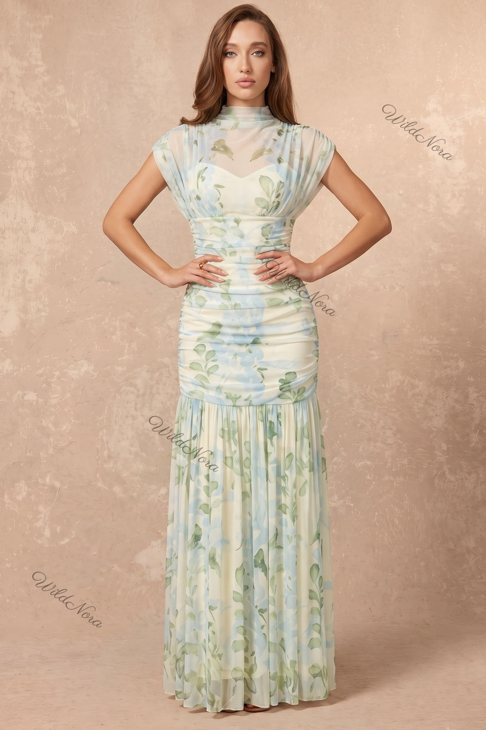 Cream Watercolor Floral Drop-Waist Maxi Dress Cream, Off-white Sheer mesh Maxi dress - product view 1