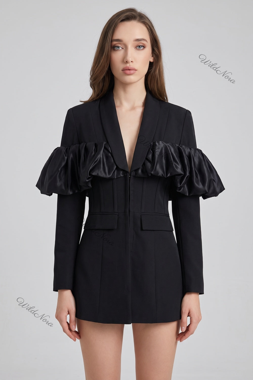 Black Tailored Blazer with Satin Ruffle Detail black woven suiting blazer - product view 1