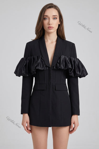 Black Tailored Blazer with Satin Ruffle Detail black woven suiting blazer - product view 1