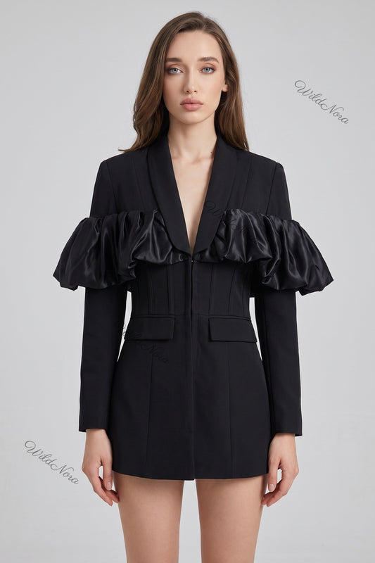 Black Tailored Blazer with Satin Ruffle Detail black woven suiting blazer - product view 1