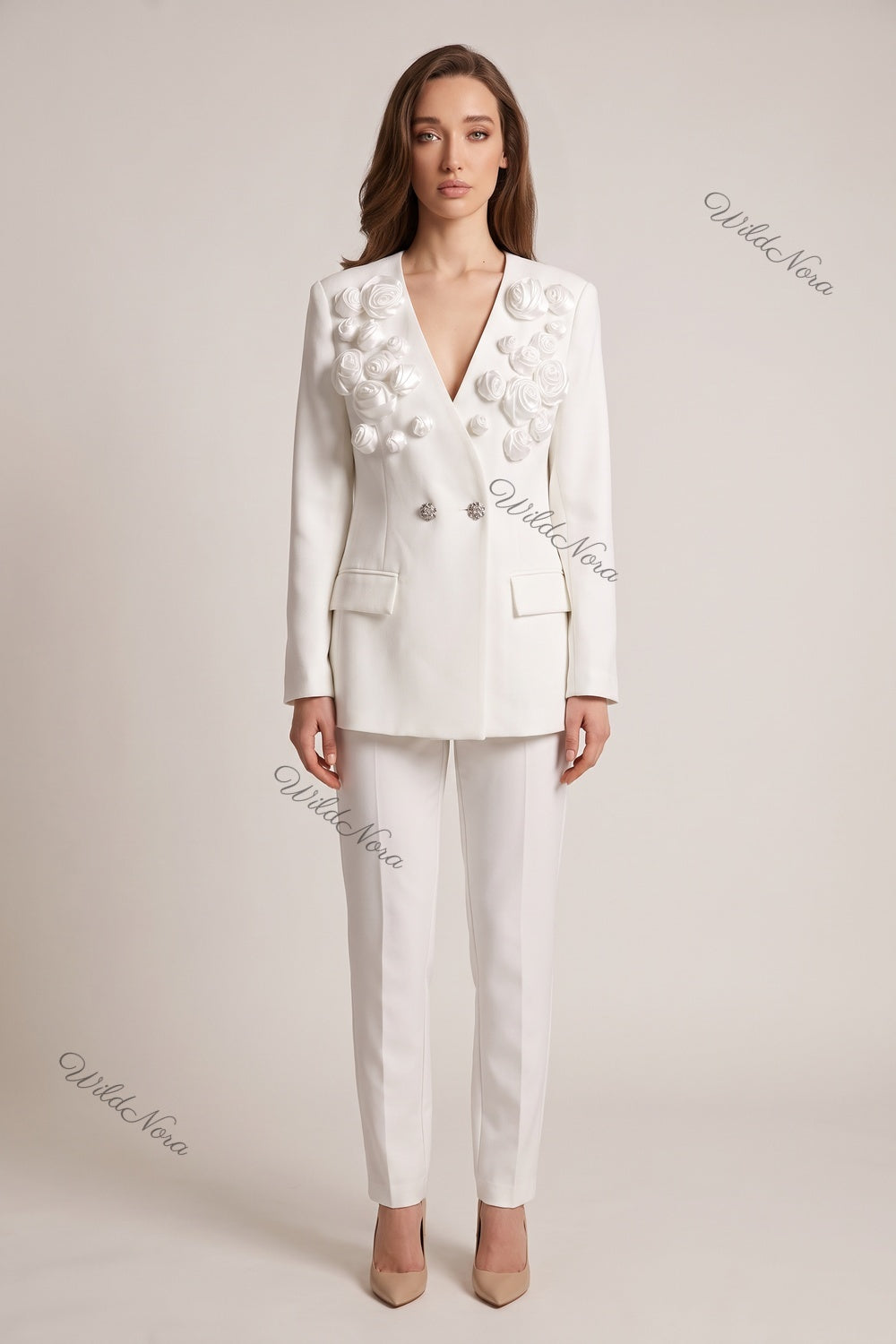 Sculptural Rose Embellished Structured Crepe Blazer in White white structured crepe suiting blazer - product view 1