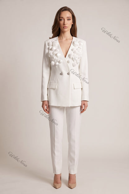 Sculptural Rose Embellished Structured Crepe Blazer in White white structured crepe suiting blazer - product view 1
