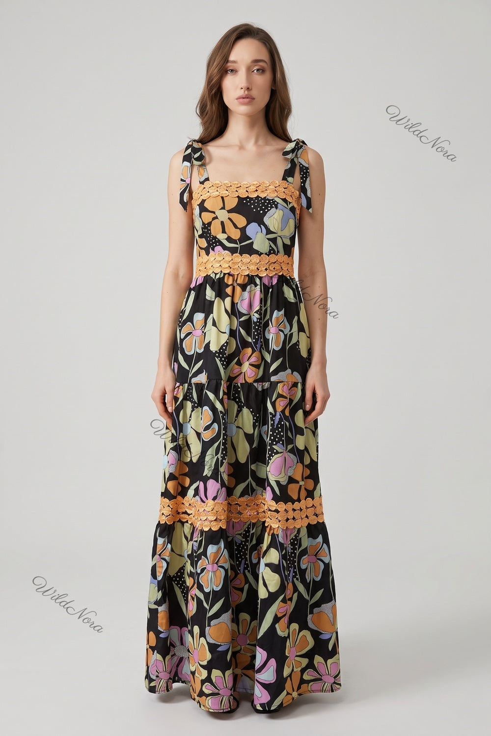 Black Abstract Floral Tiered A-Line Maxi Dress black woven cotton blend maxi dress - product view 1