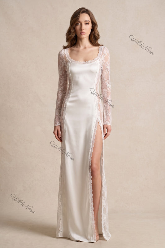 Ivory Satin and Lace Column Gown ivory satin gown - product view 1