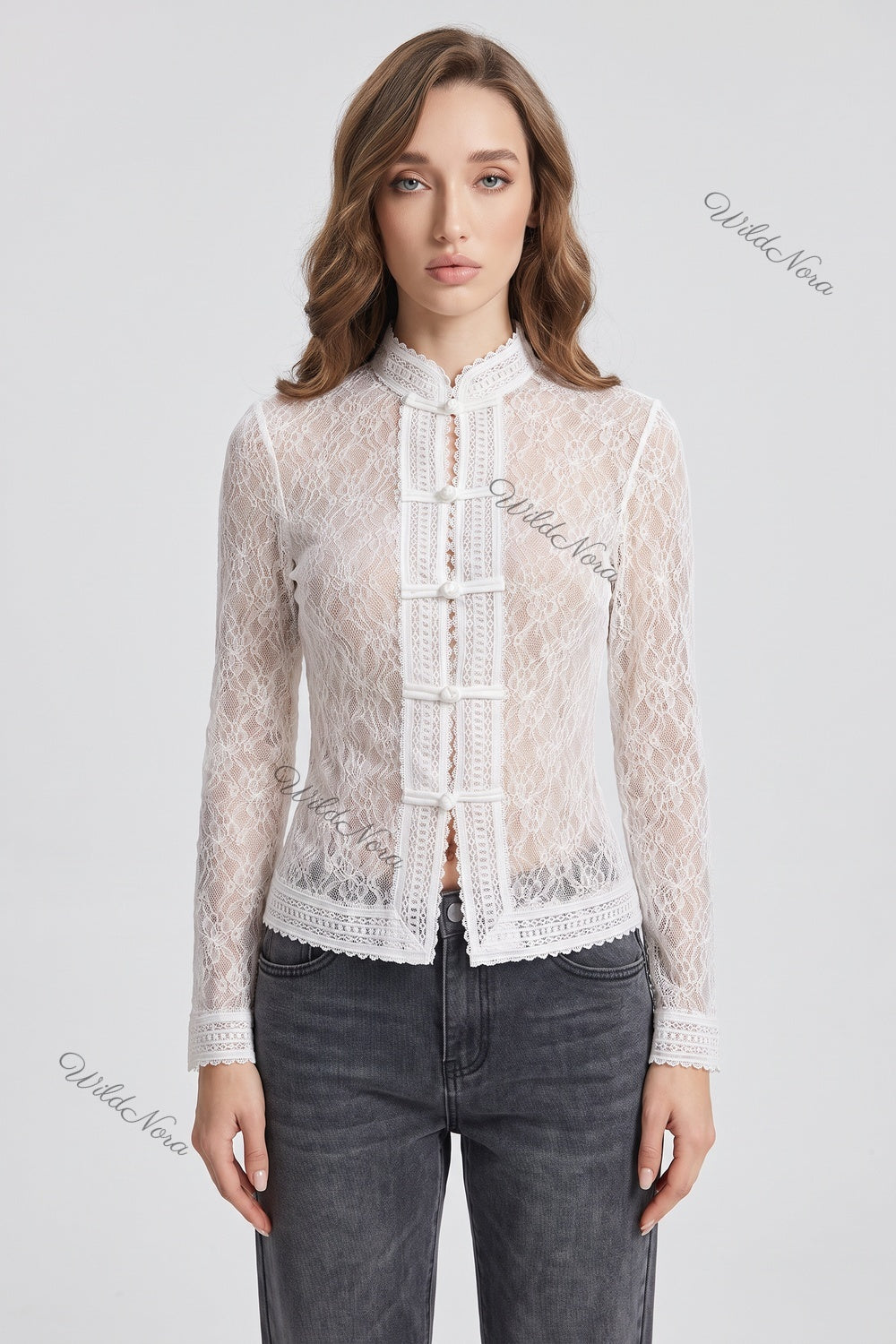 White Sheer Floral Lace Fitted Blouse white sheer floral lace blouse - product view 1