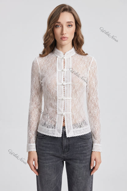 White Sheer Floral Lace Fitted Blouse white sheer floral lace blouse - product view 1