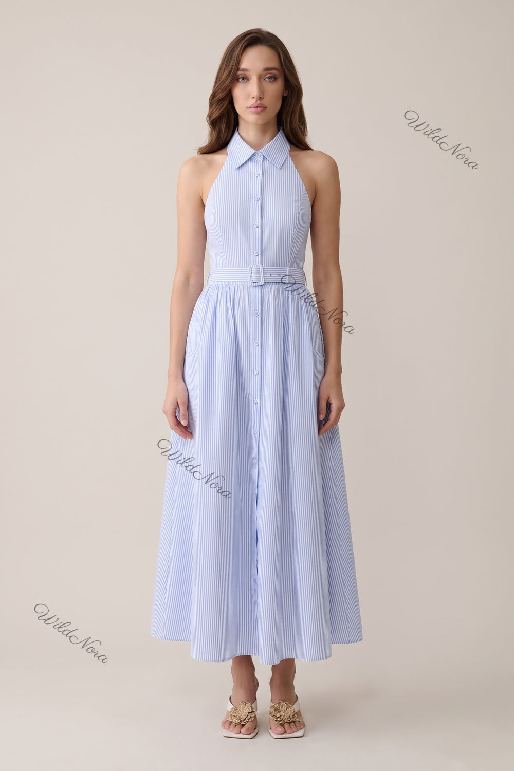Light Blue Pinstripe Halter Midi Dress light blue cotton-blend poplin dress - product view 1