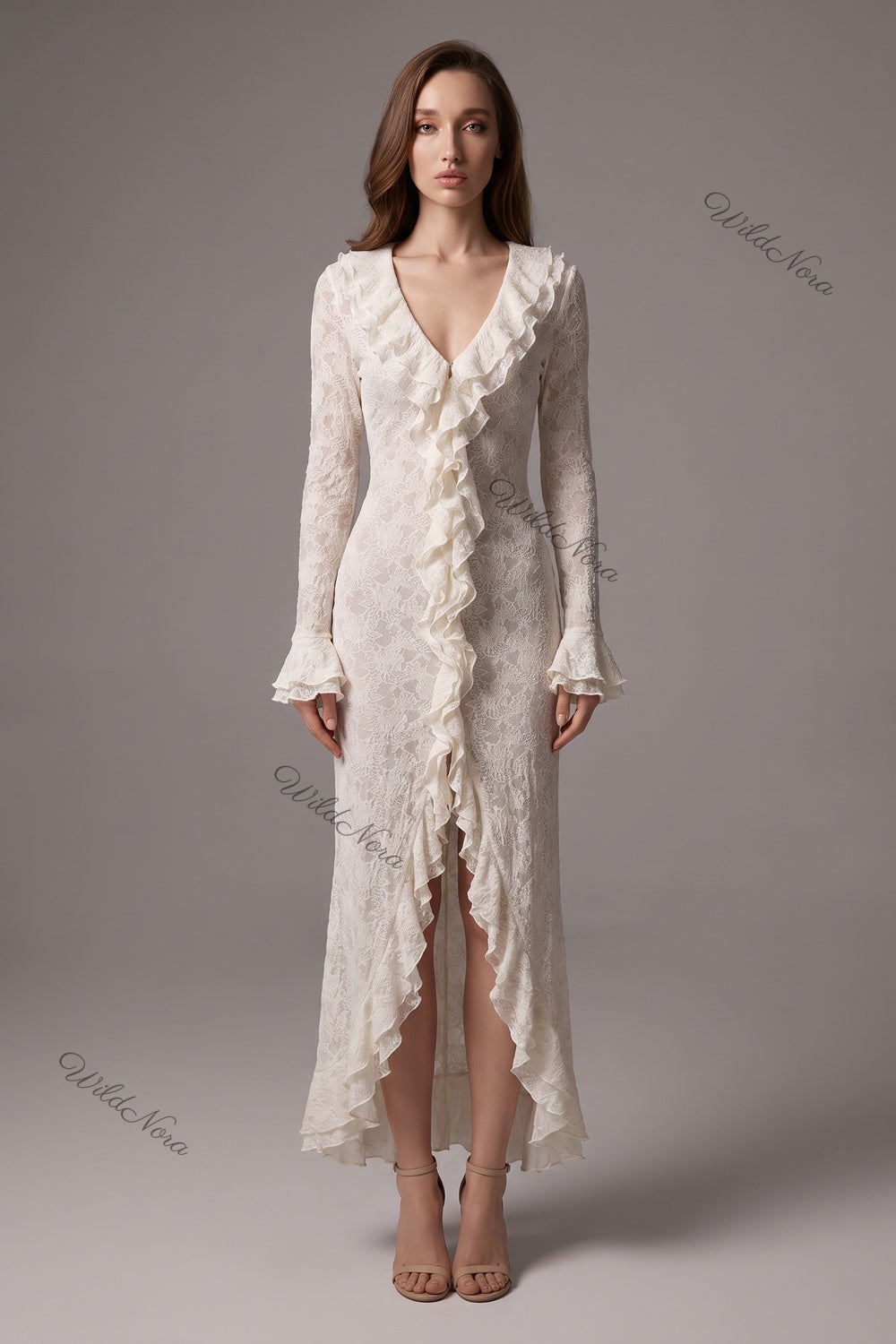 Off-White Semi-Sheer Textured Lace Slim-Fit Column Maxi Dress with Front Slit off-white semi-sheer textured lace maxi dress - product view 1