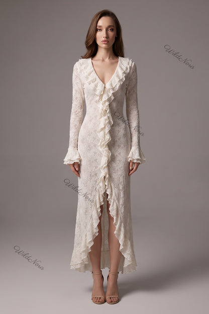 Off-White Semi-Sheer Textured Lace Slim-Fit Column Maxi Dress with Front Slit off-white semi-sheer textured lace maxi dress - product view 1