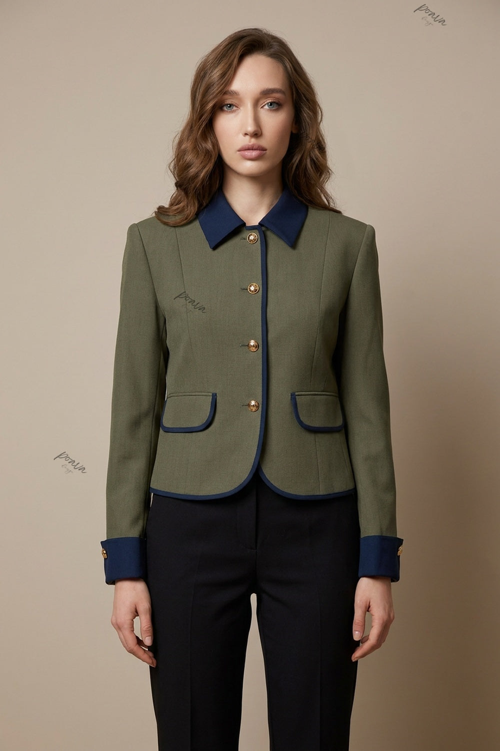 Olive Green Structured Boxy Cropped Jacket with Navy Contrast Trim olive green woven suiting fabric cropped jacket - product view 1