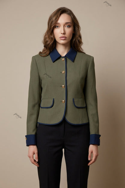 Olive Green Structured Boxy Cropped Jacket with Navy Contrast Trim olive green woven suiting fabric cropped jacket - product view 1