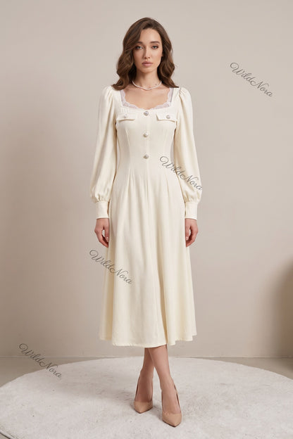 Cream A-Line Midi Dress with Lace Insert and Bishop Sleeves cream mid-weight woven crepe midi dress - product view 1