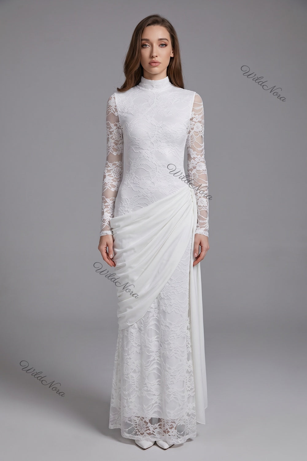White Floral Lace Column Dress with Asymmetrical Draped Overlay white floral lace dress - product view 1