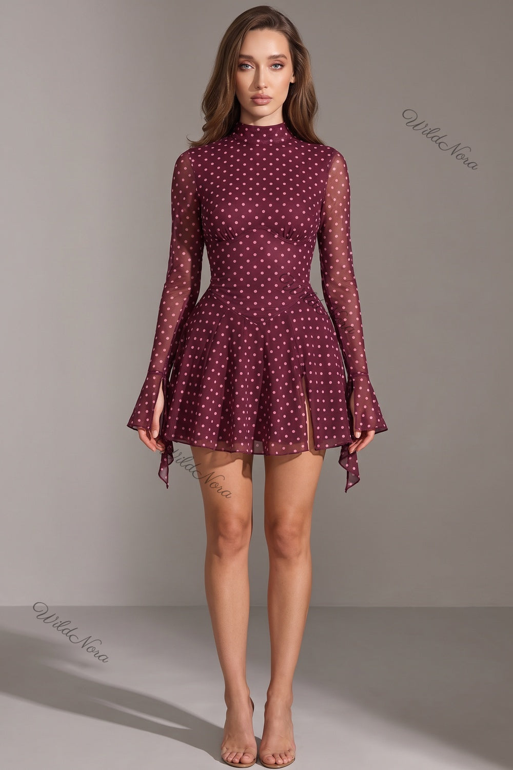 Burgundy Polka Dot Chiffon Fit-and-Flare Mini Dress burgundy sheer chiffon dress - product view 1