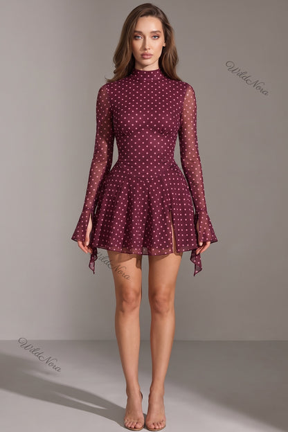 Burgundy Polka Dot Chiffon Fit-and-Flare Mini Dress burgundy sheer chiffon dress - product view 1