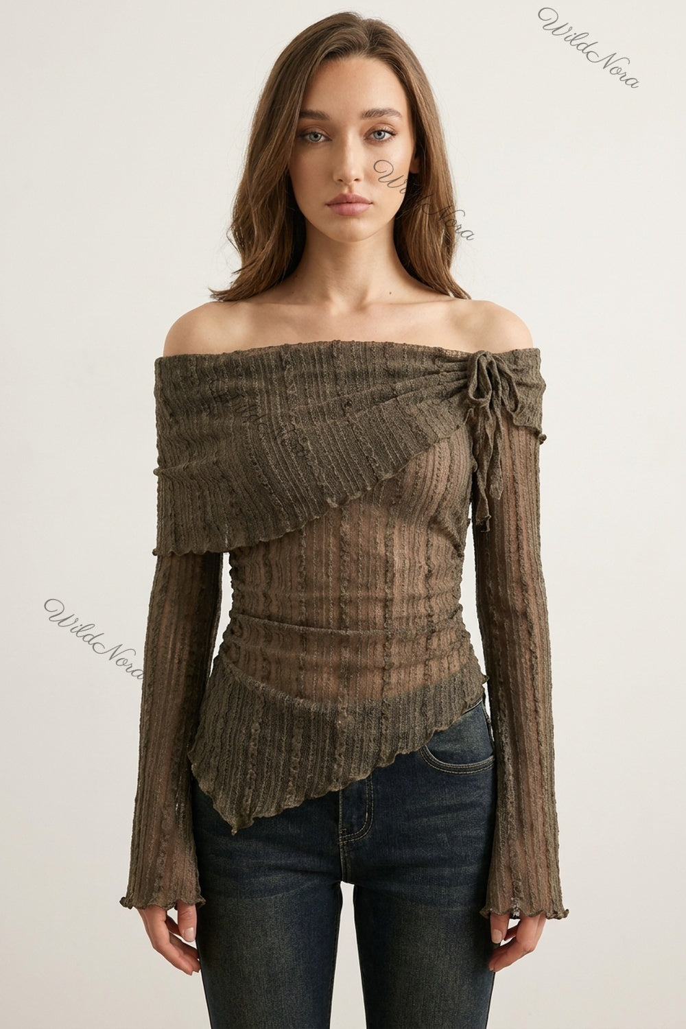 Olive Brown Sheer Knit Off-Shoulder Top with Flared Bell Sleeves olive brown sheer textured knit top - product view 1
