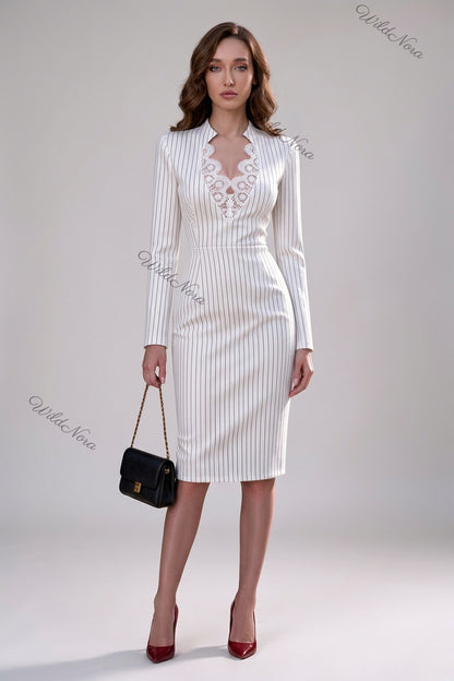 White Pinstripe Sheath Dress with Lace Cutout white structured woven suiting dress - product view 1