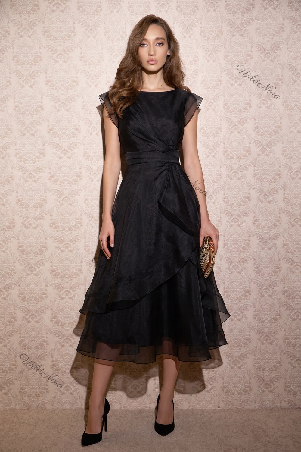 Black Sheer Organza Tiered Fit-and-Flare Midi Dress black sheer organza or chiffon midi dress - product view 1