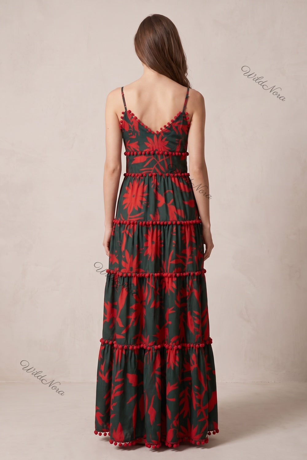 Dark Forest Green Tiered Maxi Dress with Red Botanical Print and Pom-Pom Trim dark forest green lightweight woven synthetic tiered maxi dress - product view 3