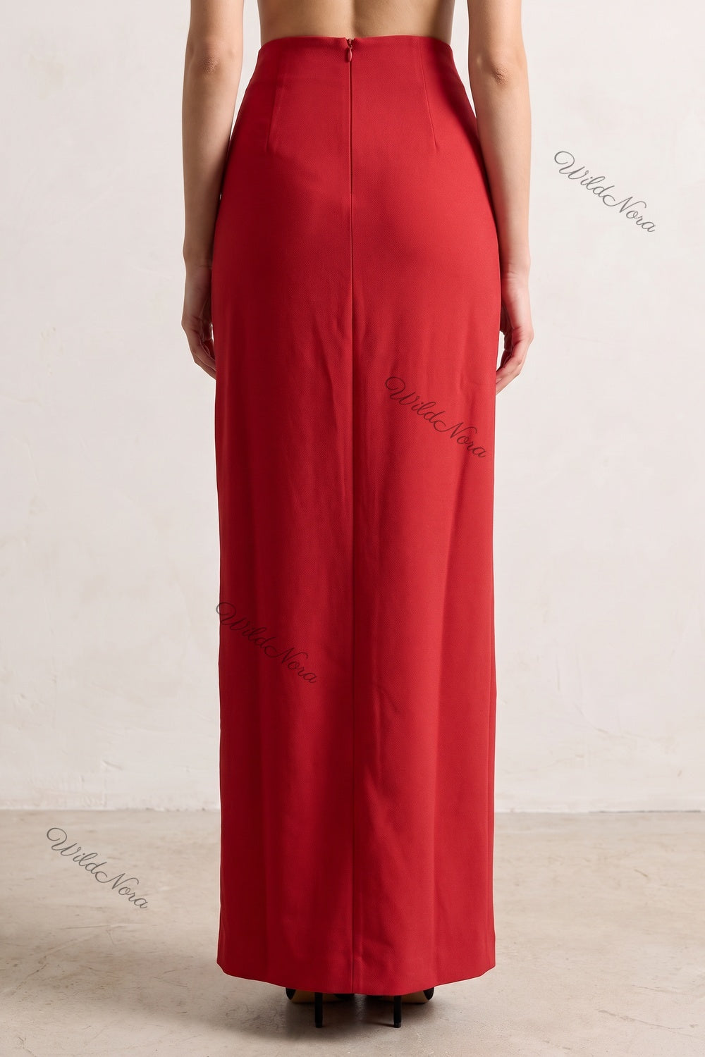Red Structured Woven Crepe Column Skirt with Side Slit and 3D Rosettes red structured woven crepe skirt - product view 3
