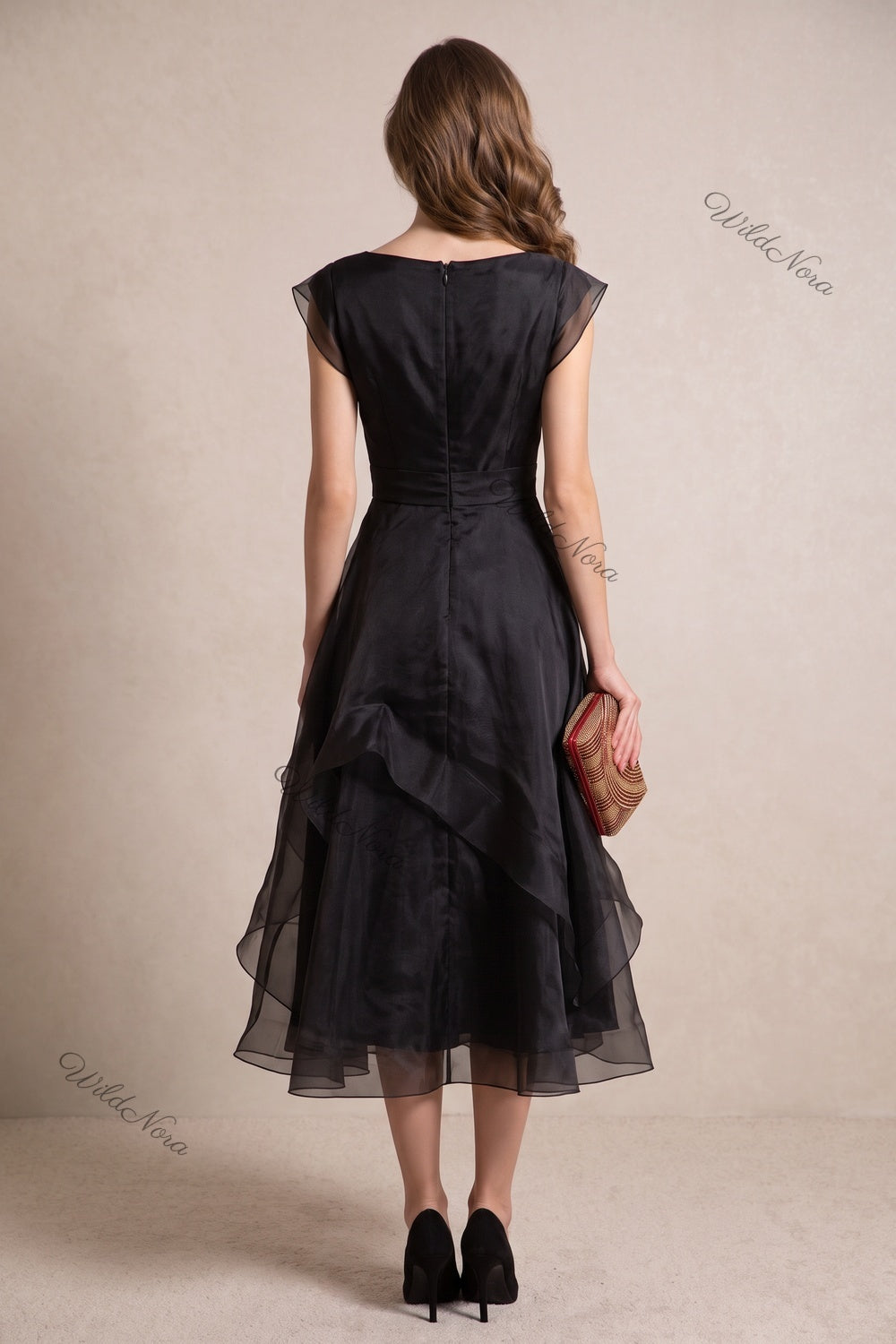 Black Sheer Organza Tiered Fit-and-Flare Midi Dress black sheer organza or chiffon midi dress - product view 3