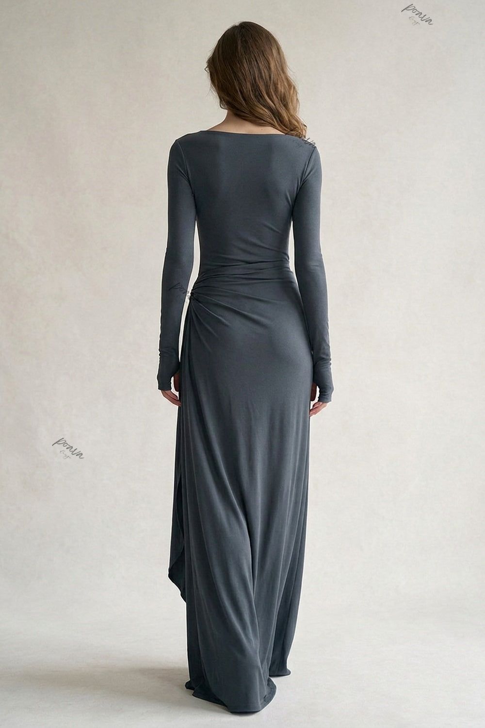 Dark Grey Jersey Knit Dress with Draped Flowing Skirt and Side Knot Detail dark grey jersey knit dress - product view 3